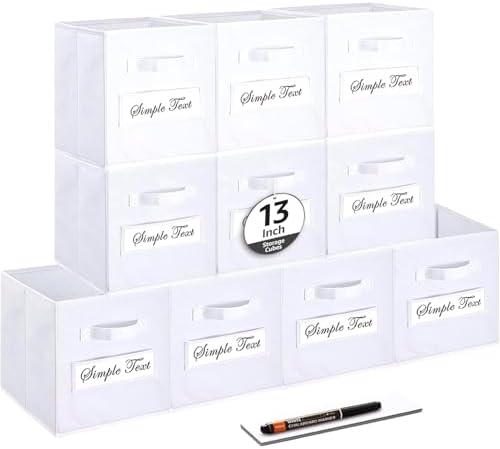 13x13x13 storage cube bins (Set of 10) Fabric storage cubes with 10 Labels Window Cards & a Pen, storage cubes 13x13, Collapsible 13 inch cube storage bins, Cubby Organizer Boxes, White by Artsdi