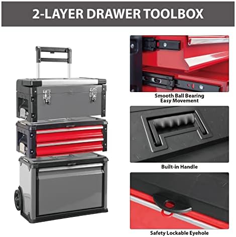 Big RED TRJF-C305ABD Torin Garage Workshop Organizer: Portable Steel and Plastic Stackable Rolling Upright Trolley Tool Box with 3 Drawers, 20.5" L x 12.6" W x 28.4" - Image 7