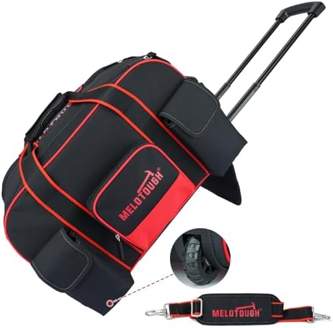 MELOTOUGH Rolling Tool Bag with Wheels, Heavy Duty Large Tool Bag with Concealed Telescoping Handle, Multi-Pocket Organizer for Construction, Electrician, HVAC, Mechanic - 4 Carrying Options (Red) by MELOTOUGHWORKGEAR