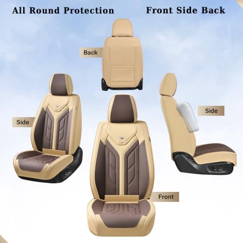 Coverado Car Seat Covers Full Set, Automotive Seat Covers Car Seat Protector Car Seat Cushion, Waterproof Leather Seat Covers for Cars, Universal Fit for Most Sedans SUV Pick-up Truck(Beige&Coffee) - Image 6