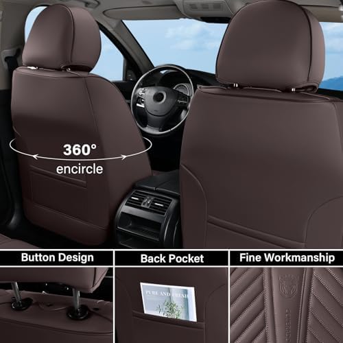 Coverado Car Seat Covers Full Set, Faux Leather Seat Covers for Car, Luxury Automotive Seat Covers Waterproof Car Seat Protector Universal Fit for Most Cars SUV Truck with Lumbar Support(Brown) - Image 3