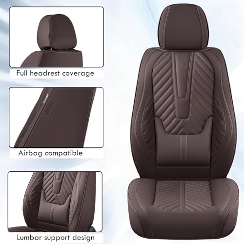 Coverado Car Seat Covers Full Set, Faux Leather Seat Covers for Car, Luxury Automotive Seat Covers Waterproof Car Seat Protector Universal Fit for Most Cars SUV Truck with Lumbar Support(Brown) - Image 6