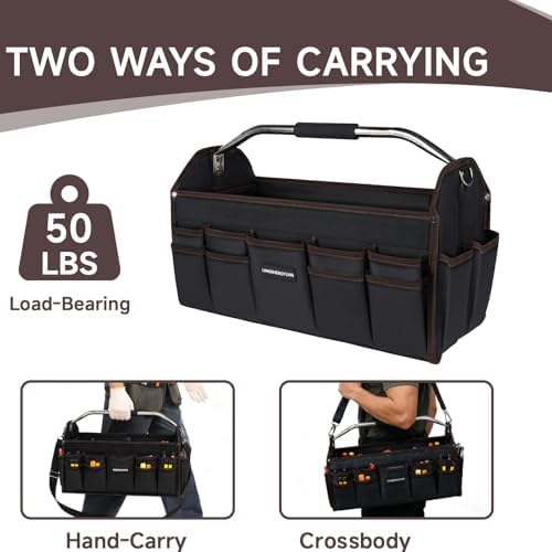 22 In Tool Carrier, Open Top Tool Tote 30 Pockets, Waterproof Tool Bag For Men, Foldable Wide Mouth Electricians Tool Bag, With Stainless Steel Handle and Removable Shoulder Strap - Image 6
