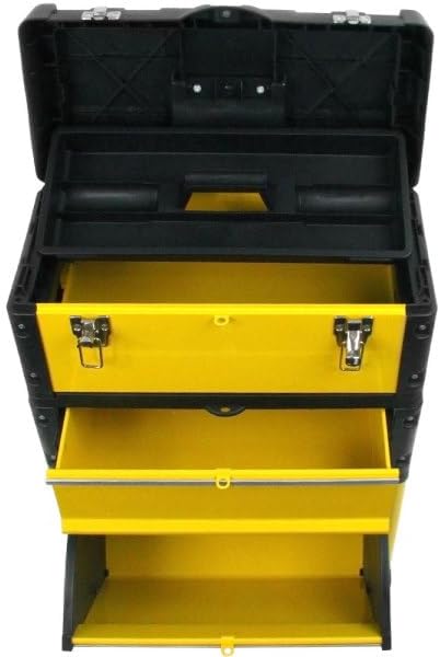 Portable Tool Box on Wheels - Stackable 3-in-1 Chest for Workshops and Craft Rooms - Foldable Comfort Handle and Latches by Stalwart (Black/Yellow) - Image 3