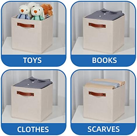 Temary 11x11 Storage Cubes Fabric Storage Cubes Storage Bins with Dual Leather Handles Canvas Storage Boxes for Organizing Home, Shelf, Closet (Beige, 11 x 11 x 11) - Image 4