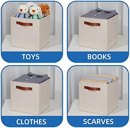 Temary 11x11 Storage Cubes Fabric Storage Cubes Storage Bins with Dual Leather Handles Canvas Storage Boxes for Organizing Home, Shelf, Closet (Beige, 11 x 11 x 11) - Image 4