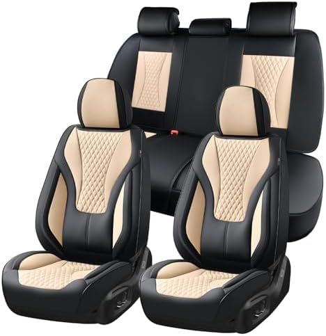 Coverado Waterproof Nappa Leather Car Seat Covers, Automotive Fullset Seat Covers, 5 Seat Car Seat Cushion & Seat Protector, Black&Beige Front and Rear Covers Universal Fit for Most Cars, SUVs, Trucks by COVERADOAUTO