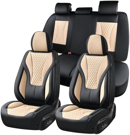 Coverado Waterproof Nappa Leather Car Seat Covers, Automotive Fullset Seat Covers, 5 Seat Car Seat Cushion & Seat Protector, Black&Beige Front and Rear Covers Universal Fit for Most Cars, SUVs, Trucks by COVERADOAUTO