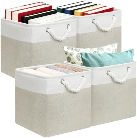 13x13 Storage Cube Bins 4Pack,Collapsible Cube Storage Organizer for Closet, Fabric Storage Box w/ Rope Handles, Foldable Storage Baskets for Shelves, Clothes,Closet Organization - White/Coffee by Posprica