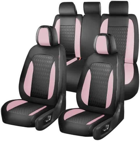 Coverado Car Seat Covers Full Set, Leather Seat Covers for Cars, Waterproof Car Seat Protectors, Front and Back Car Seat Cushions Automotive Seat Covers Universal Fit for Most Cars, Black&Pink by COVERADOAUTO