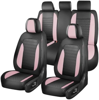 Coverado Car Seat Covers Full Set, Leather Seat Covers for Cars, Waterproof Car Seat Protectors, Front and Back Car Seat Cushions Automotive Seat Covers Universal Fit for Most Cars, Black&Pink by COVERADOAUTO