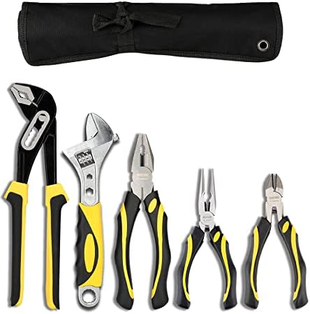 DOWELL Pliers Set: 5-Piece Kit with Groove Joint, Adjustable Wrench, Combination & Long Nose Pliers by DOWELL