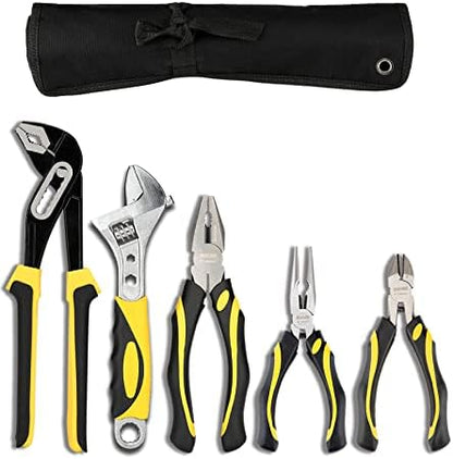 DOWELL Pliers Set: 5-Piece Kit with Groove Joint, Adjustable Wrench, Combination & Long Nose Pliers by DOWELL