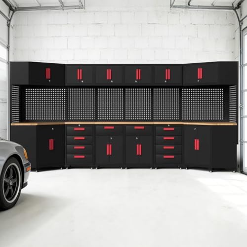 2Pcs Corner Garage Storage Cabinet System,Steel Cabinet,Red Handle - Image 5