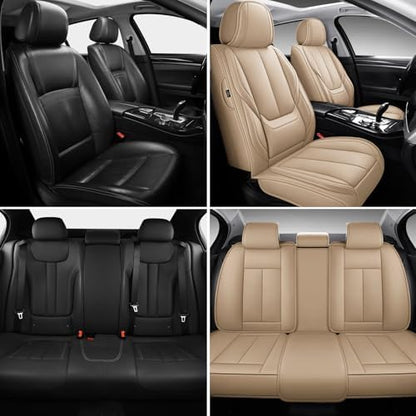 MINGBRON Car Seat Covers Full Set,Black Beige Car Seat Cover, Car Seat Protector Waterproof, Nappa Leather Car Seat Cushion, Fit for Most Cars - Image 2