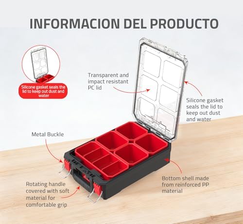 Tools Organizer, Small Parts Storage Toolbox, 9.3 * 14.6 * 4.8" Durable Hardware Box Storage, with Removable Inner Cups - Image 5