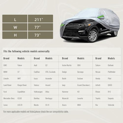 TUCAREST 6-Layers Premium Full Car Cover Hard Shell Zipper Design Waterproof All Weather Weatherproof UV Sun Protection Snow Dust Storm Resistant Outdoor with Straps (Fit for SUV/MPV 201"- 211") - Image 3
