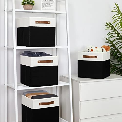 Temary 11 inch Cube Storage Bin 4 Pack Fabric Storage Cubes for Home, Fabric Storage Bin Storage Cube Bins with Leather Handles(White&Black) - Image 6