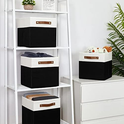 Temary 11 inch Cube Storage Bin 4 Pack Fabric Storage Cubes for Home, Fabric Storage Bin Storage Cube Bins with Leather Handles(White&Black) - Image 6
