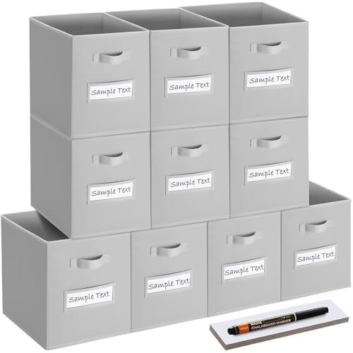 13x13 storage cube bins (Set of 10) Foldable Fabric storage cubes with 10 Labels Window Cards & a Pen,13 inch cube storage bins,Closet Organizers for Shelves,Cubby Organizer Boxes,Light Gray by Artsdi