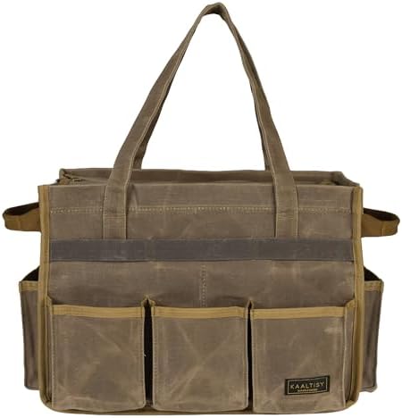 Canvas Tool Tote Bag, Heavy Duty 16oz Waxed Canvas Tool Pouch with Metal Zipper & 12-Pocket | Multi-Purpose Garden Tool Storage Carrier for Gardener Craftsman Contractor | Brownish Grey by Kaaltisy