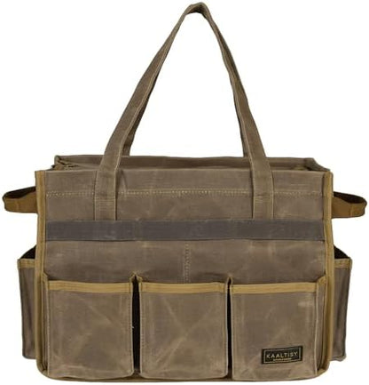 Canvas Tool Tote Bag, Heavy Duty 16oz Waxed Canvas Tool Pouch with Metal Zipper & 12-Pocket | Multi-Purpose Garden Tool Storage Carrier for Gardener Craftsman Contractor | Brownish Grey by Kaaltisy