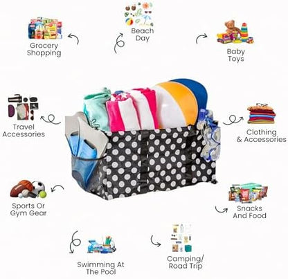 Extra Large Utility Tote Bag - Oversized Collapsible Reusable Wire Frame Rectangular Canvas Basket With Two Exterior Pockets For Beach, Pool, Laundry, Car Trunk, Storage - White Polka Dot - Image 3