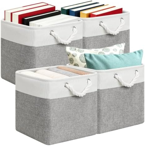13x13 Storage Cube Bins 4Pack,Collapsible Cube Storage Organizer for Closet, Fabric Storage Box w/ Rope Handles, Foldable Storage Baskets for Shelves, Clothes,Closet Organization - White/Gray by Posprica
