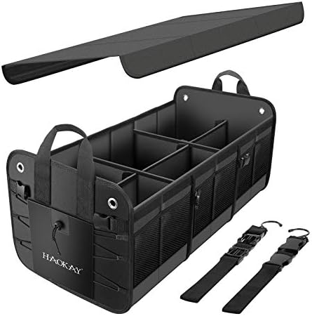 HAOKAY Car Trunk Organizer with Lid，Heavy Duty Extra Large Premium Black Oxford Multi Compartments Collapsible trunk organizer for SUV, Van, Truck, Sedan, Jeep （90L by HAOKAYAUTOPRODUCTS