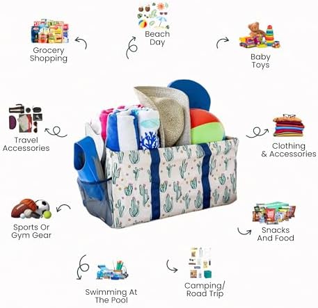 Extra Large Utility Tote Bag, Oversized Collapsible Reusable Wire Frame Rectangular Canvas Basket With Two Exterior Pockets For Beach, Pool, Laundry, Car Trunk, Storage - Cactus White - Image 3