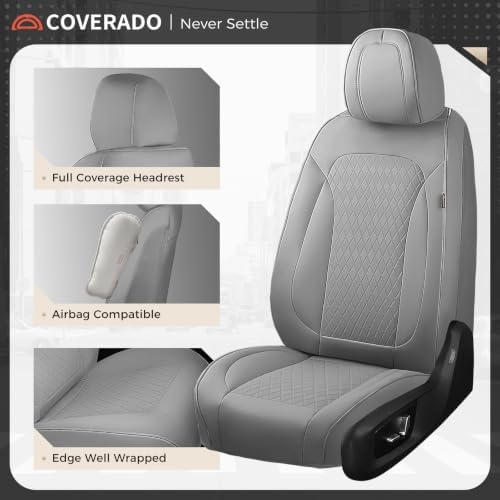 Coverado Car Seat Covers Full Set, Leather Seat Covers for Cars, Waterproof Car Seat Protectors, Durable Front and Back Car Seat Cushions Automotive Seat Covers Universal Fit for Most Cars, Gray - Image 2
