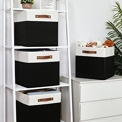 Temary Fabric Storage Bin 4 Pack Cube Storage Bin for Shelf Fabric Cube Storage Basket 13 Inch Cube Storage Bins Foldable Storage Cubes with Leather Handles(White&Black) - Image 6