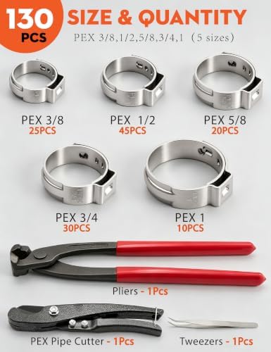 130PCS PEX Cinch Clamps Kit with Crimper Tool for PEX Tubing Vacuum Hoses - Image 2