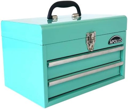 Apollo Tools 14 Inch Steel Tool Box with Deep Top Compartment and 2 Drawers in Heavy-Duty Steel With Ball Bearing Opening and Powder Coated Finish - Aqua Green - DT5010-GR by ApolloTools