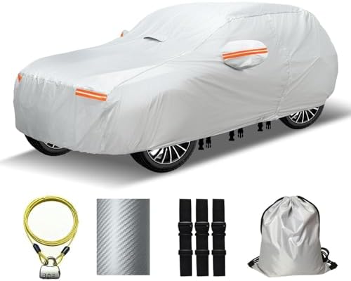 30 Layers Heavy Duty SUV Car Cover for Automobiles All Weather Waterproof, Outdoor Snowproof UV Protection Windproof, Door Zipper, Soft Cotton Universal Car Covers (Silver, Fit SUV 171"-180") by OWEEIO