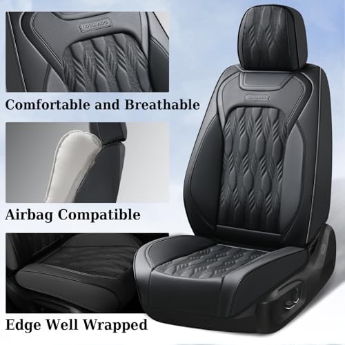 Coverado Car Seat Cover, Black Seat Cover for Cars, Luxury Leather Seat Covers Full Set with Embossed Pattern, Waterproof Car Seat Protector Car Seat Cushions Universal Fit Most Vehicle - Image 2