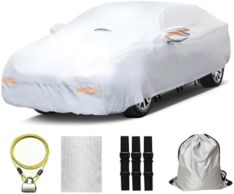 30 Layers Heavy Duty Car Cover for Automobiles All Weather Waterproof, Outdoor Snowproof UV Protection Windproof, Door Zipper, Soft Cotton Universal Car Covers (Silver, Fit Sedans 181"-190") by OWEEIO
