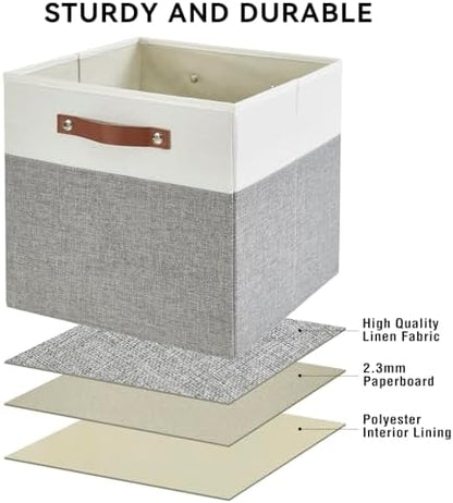 Bagnizer 13x15x13 Storage Cube Bins, Foldable Storage Organizer Baskets, Fabric Cube Storage Boxes with 2 Reinforced PU Handles for Kallax, Shelves, Living Room | 4 Pack, Gray & White - Image 5