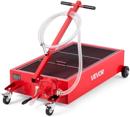 VEVOR Low Profile Oil Drain Pan, 20 Gallon Capacity, Rolling Oil Drain Pan with Manual Pump, 7.2 ft Hose & T Folding Handle, Leak-Proof & Corrosion-Resistant, Fit for Cars, SUVs, Trucks, ATVs, Red by VEVOR