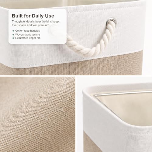 11x11 Inch Cube Storage Bins, 8 Pack Collapsible Fabric Storage Cubes with Rope Handles, Waterproof Foldable Storage Baskets for Cube Shelves, Closet, Clothes, Toys, Books, White & Beige - Image 4