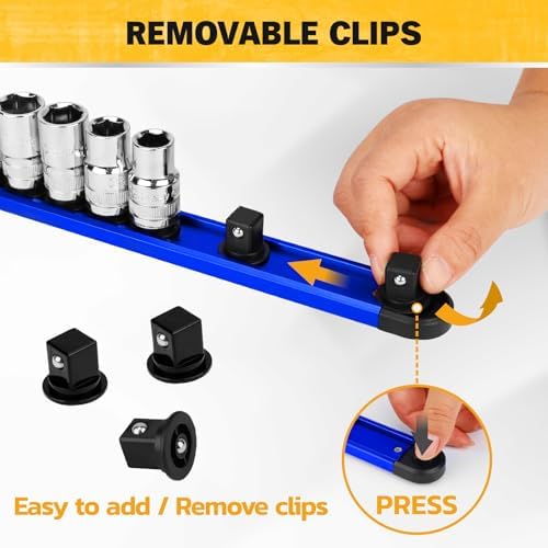 5-Piece Magnetic Socket & Bit Organizer Kit, 1/4" 3/8" 1/2" Heavy Duty Socket Holder Holds 40 Clips, Aluminum Sockets Rail for Tool Box Drawer, 1/4" Slidable Drill Bit Organizer Holds 80 Bits - Image 4