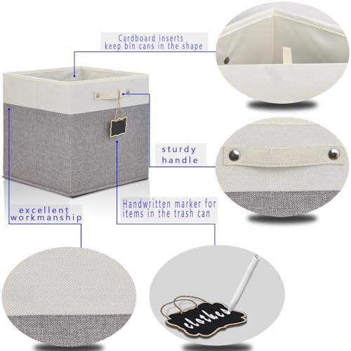 13x13x13 Storage Cube Bins 4 Pack,Collapsible Fabric Storage Cubes with Labels,Linen Cube Storage Organizer Bins with Cotton Handles,Square Storage Cubes for Home,Office,Clothes,Cabinet(White Grey). - Image 2