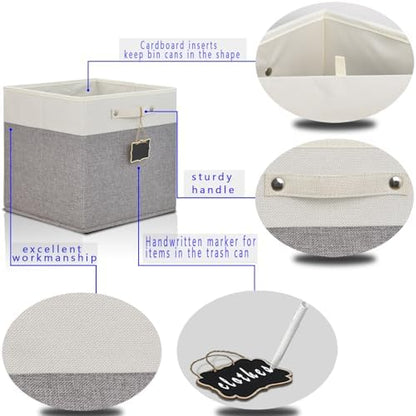 13x13x13 Storage Cube Bins 4 Pack,Collapsible Fabric Storage Cubes with Labels,Linen Cube Storage Organizer Bins with Cotton Handles,Square Storage Cubes for Home,Office,Clothes,Cabinet(White Grey). - Image 2