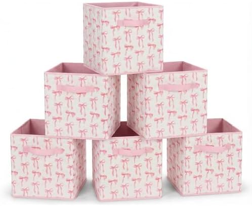 6 Pcs Pink Bow Cube Storage Bins 12.5 Inch Pink Storage Basket with Handle, Preppy Girls Organizer Basket, Collapsible Fabric Box for Classroom Bedrooms Office Home Decoration (Bow) by BBSET