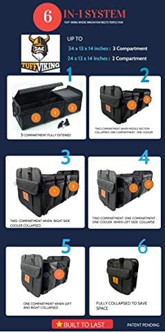 Tuff Viking Convertible Large 3 Compartment SUV Trunk Organizer with Cover | Truck Bed Organizer | for Trucks, Cars, SUVs and Groceries with Tie Down Straps. (6 in 1 with Cover, Black) - Image 2