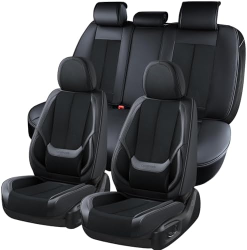 Coverado Seat Covers Full Set, Breathable Leather Car Seat Cover,Universal Car Seat Protectors, Seat Cover Waterproof, Front and Rear Seat Cover Fit Most Cars, BlackRed by COVERADOAUTO