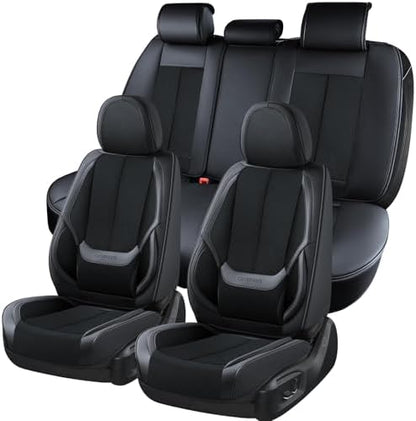 Coverado Seat Covers Full Set, Breathable Leather Car Seat Cover,Universal Car Seat Protectors, Seat Cover Waterproof, Front and Rear Seat Cover Fit Most Cars, BlackRed by COVERADOAUTO