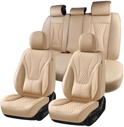 Coverado Waterproof Nappa Leather Car Seat Covers, Automotive Fullset Seat Covers, 5 Seat Car Seat Cushion & Car Seat Protector, Beige Front and Rear Covers Universal Fit for Most Cars, SUVs, Trucks by COVERADOAUTO