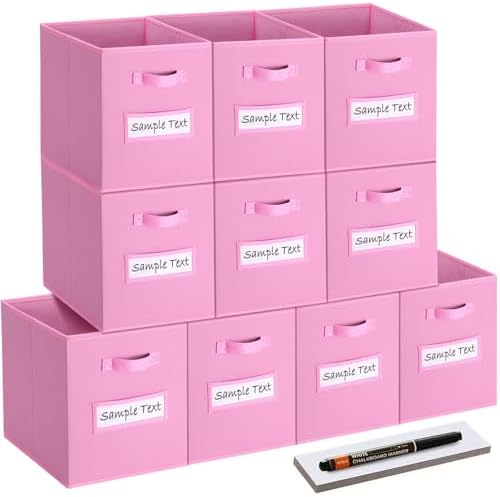 13x13 storage cube bins (Set of 10) Foldable Fabric storage cubes with 10 Labels Window Cards & a Pen,13 inch cube storage bins,Closet Organizers for Shelves,Cubby Organizer Boxes,Light Pink by Artsdi