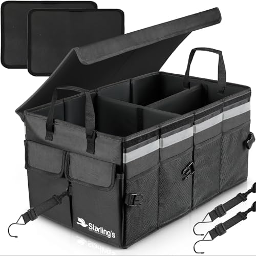 Starling's Car Trunk Organizer Super Strong, Foldable Storage Cargo Box for SUV, Auto, Truck Nonslip Waterproof Bottom, Fits any Vehicle, Come w Adjustable TieDown Straps W LID (Black, 2 by Starlings